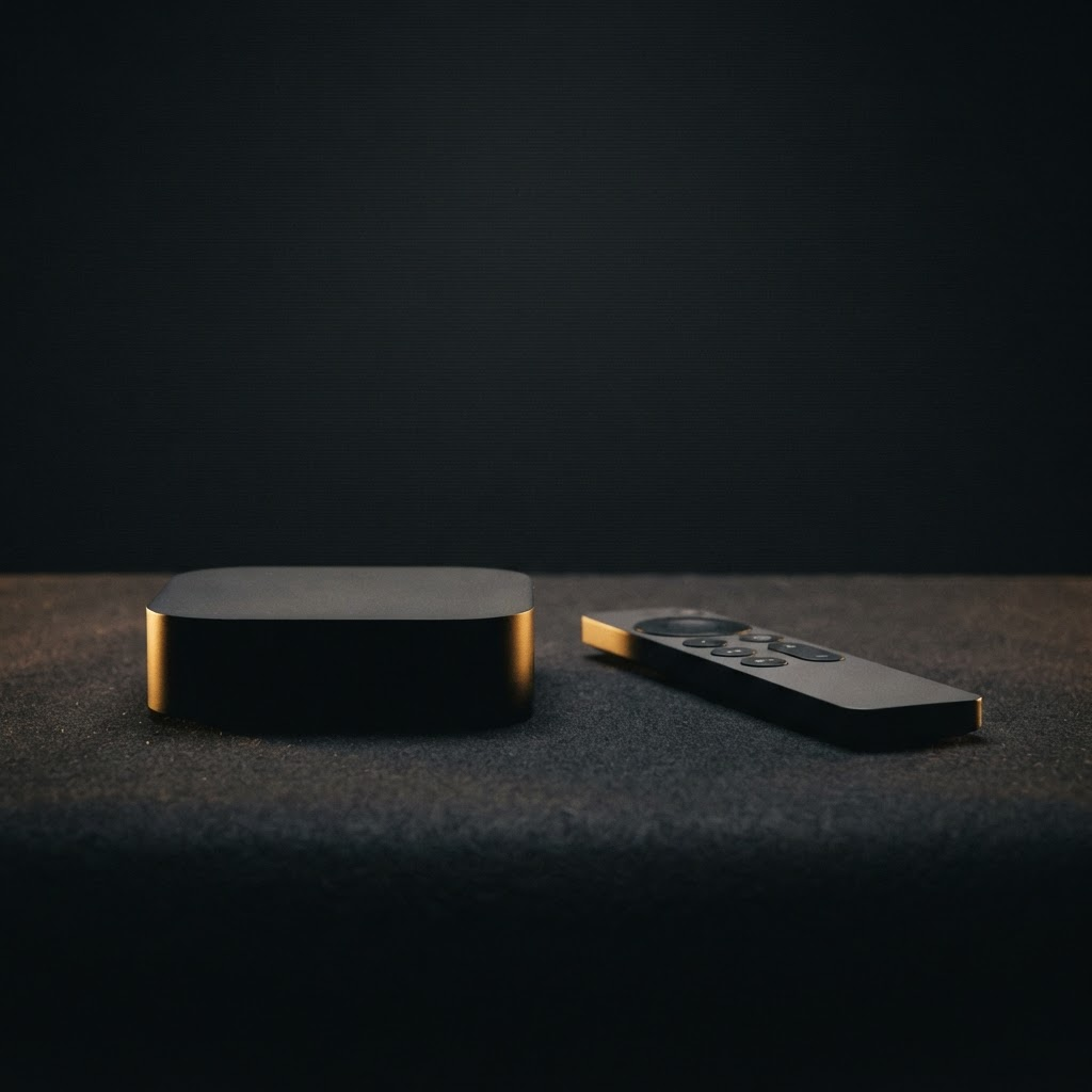 A streaming media device and slim remote lit by a warm amber rim light