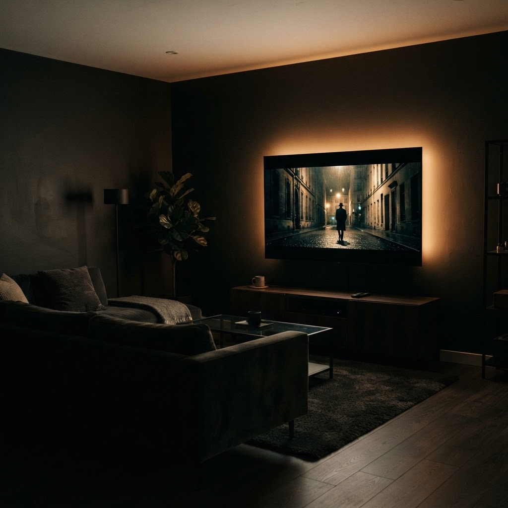 A dark modern living room lit by the glow of a television