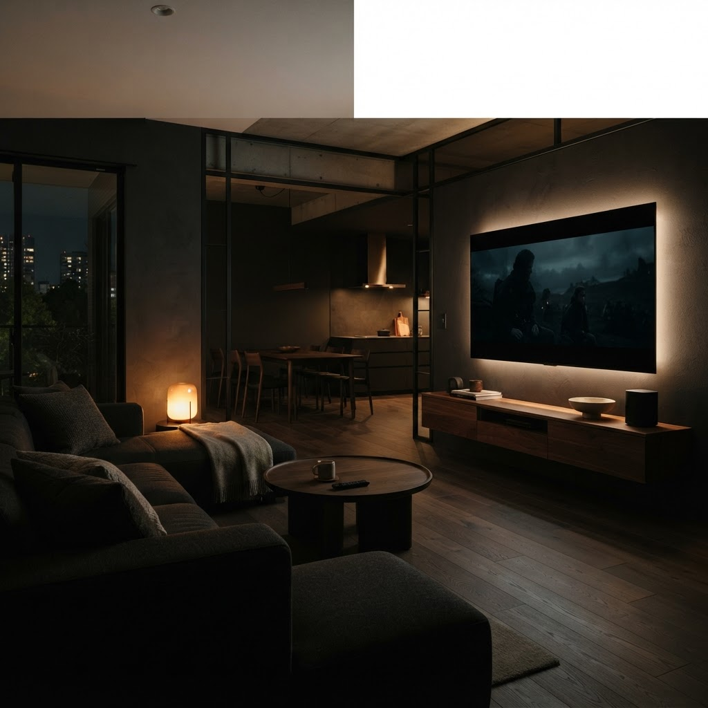 A warm open-plan family living space at night with a glowing screen